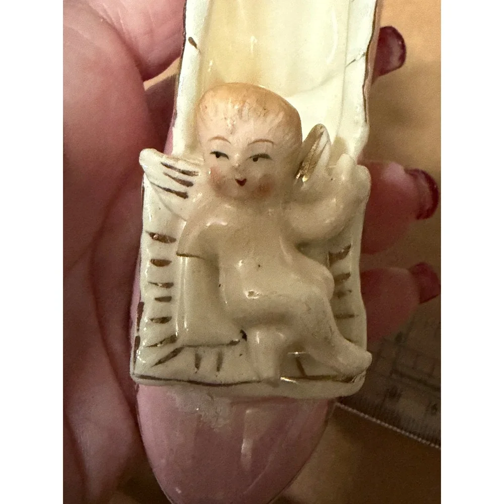 Vintage Moseco Japan Pink Ceramic Shoe Figurine with Cherub Angel Gold Gilt Trim